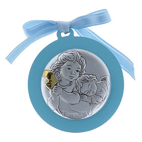 Medalhão berço Anjo fita azul bilaminado detalhes ouro