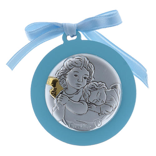 Medalhão berço Anjo fita azul bilaminado detalhes ouro 1