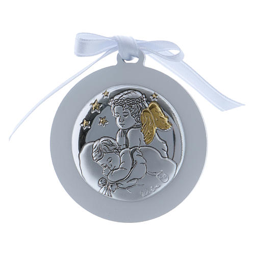 Medalhão berço Anjo estrelas fita branca bilaminado detalhes ouro 1