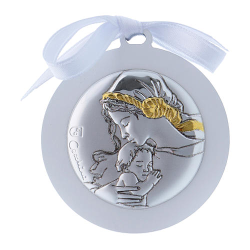 Medalhão berço fita branca Virgem Menino bilaminado detalhes ouro 4 cm 1