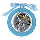 Medallón para cuna de bilaminado Virgen Niño detalles oro cinta azul 4 cm s1