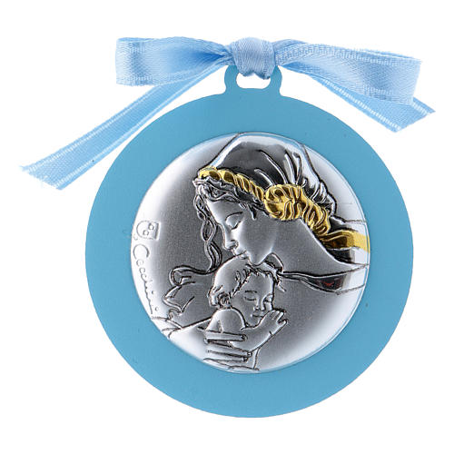 Medalhão berço em bilaminado Virgem Menino detalhes ouro fita azul 4 cm 1