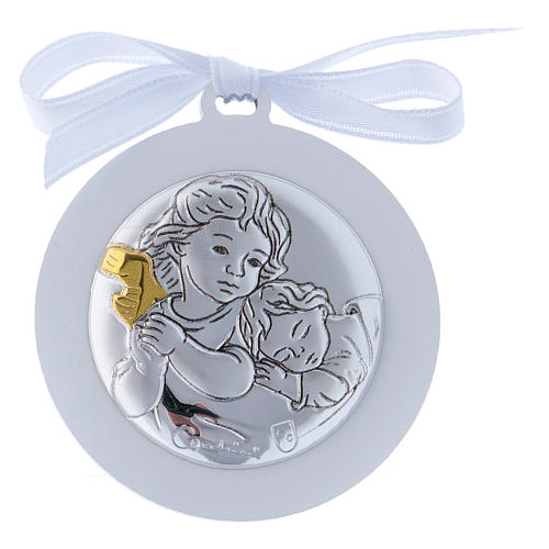 Medalhão berço Anjo em bilaminado fita branca detalhes ouro 4 cm 1