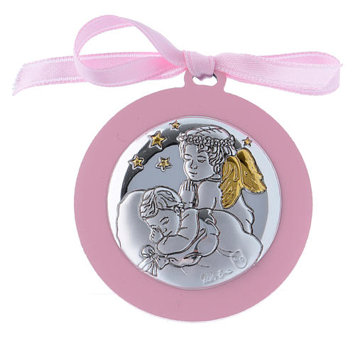 Medallón para cuna rosa Ángeles con estrellas bilaminado detalles oro 4 cm 1