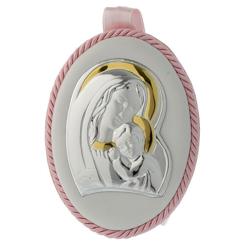 Medallón para cuna rosa imagen Virgen y Niño, carillón 1