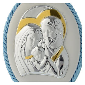 Cradle decoration light blue with Holy Family image and musical box