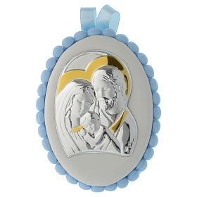 Medalha de berço pompons azul Sagrada Família e caixa de música