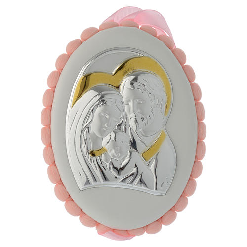 Medalha de berço pompons cor-de-rosa Sagrada Família e caixa de música 1