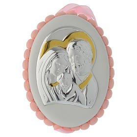 Pink cradle decoration Holy Family with pom pom and musical box