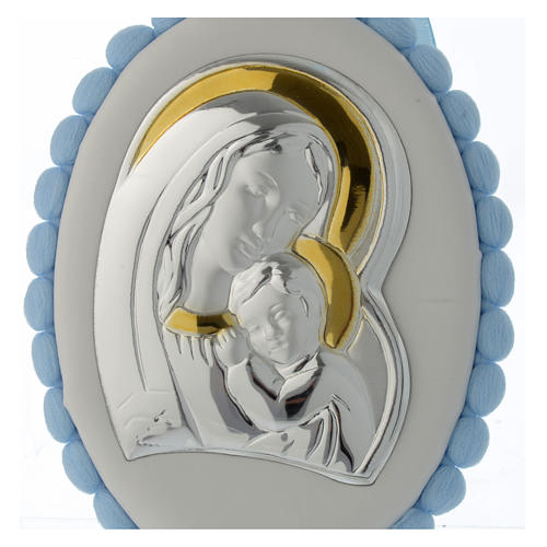Médaille lit pompons bleus Vierge Enfant avec carillon 2