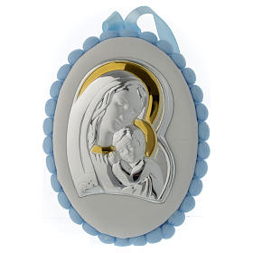 Medalha de berço pompons azul Virgem com o Menino e caixa de música