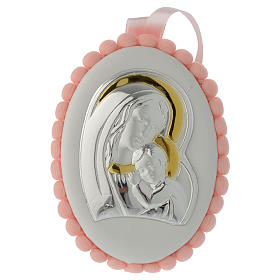 Médaille lit pompon rose Vierge Enfant avec carillon