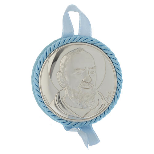 Medalha de berço Padre Pio com caixa de música azul 1