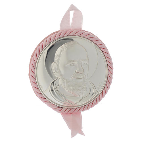 Medalha de berço Padre Pio com caixa de música cor-de-rosa 1