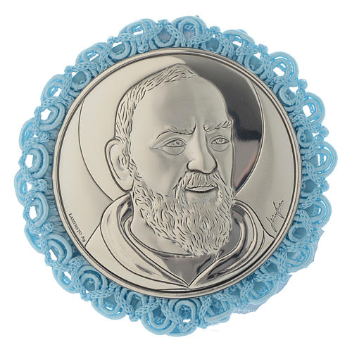 Médaille ronde argent Padre Pio et carillon bleu 1