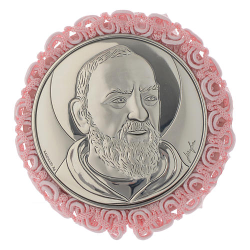 Cradle decoration Saint Pio medallion and musical box in pink 1