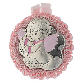 Medalhões e Medalhas para Berço: Medalha para berço prata e esmalte Anjo caixa de música cor-de-rosa