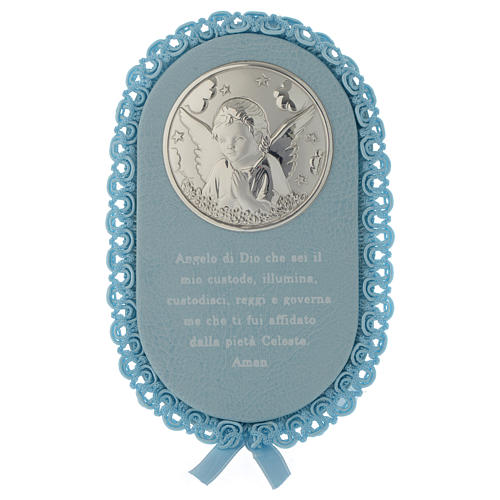 Oval silver crib toy with prayer and musical box in pale blue 1