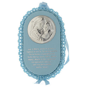 Medals and decorations for cradle: Our Lady silver cradle decoration with Hail Mary and light blue musical box Medals and decorations for cradle: Our Lady silver cradle decoration with Hail Mary and light blue musical box