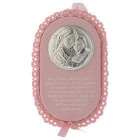 Médaille argent ovale Vierge avec Je Vous Salue Marie et carillon rose
