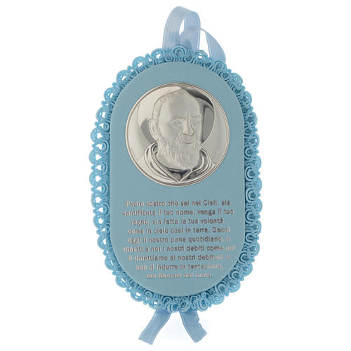 Medalha para berço azul oval Padre Pio com oração ITA e caixa de música 1