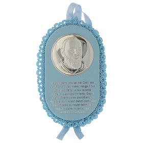Medals and decorations for cradle: Saint Pio cradle decoration oval shape with musical box pale blue prayer ITA Medals and decorations for cradle: Saint Pio cradle decoration oval shape with musical box pale blue prayer ITA