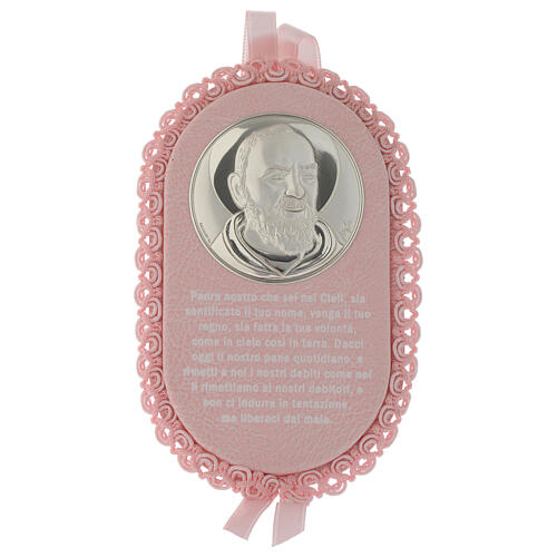 Ovaler rosa Anhänger fűr Wiege mit Silberblatte, Pater Pius mit Gebet und Glockenspiel 1