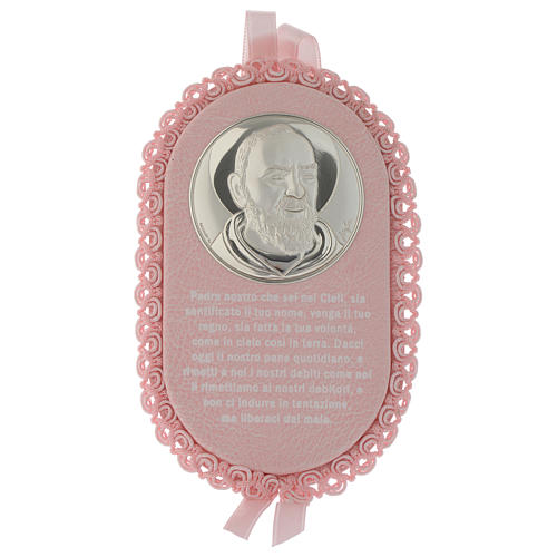 Medalha para berço cor-de-rosa oval Padre Pio com oração ITA e caixa de música 1