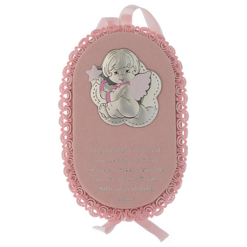 Angel cradle decoration pink color with prayer ITA and musical box made of silver and enamel 1