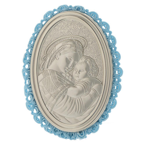 Silver cradle medallion Our Lady with musical box light blue 1