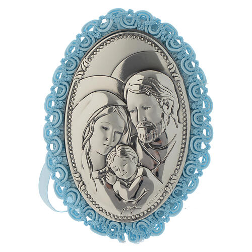 Medaillon-Dekoration fűr Wiege aus Silber mit Heiliger Familie und himmelblauem Glockenspiel 1