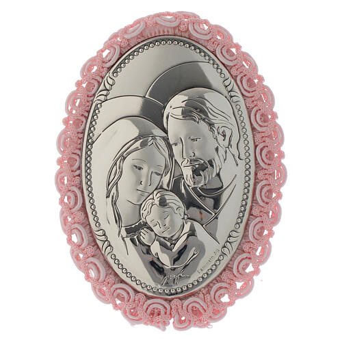 Dekoration fűr Wiege aus Silber-Bilaminat mit Heiliger Familie und rosa Glockenspiel 1