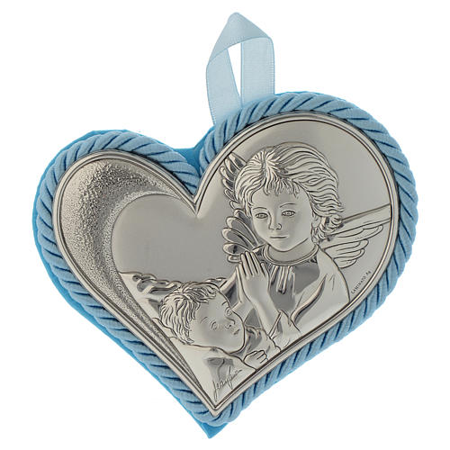 Obrazek nad kołyskę Serce płytka srebro z Aniołem Pozytywką błękitny 1