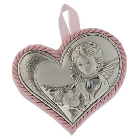 Médailles et icône pour lit enfant: Médaillon lit coeur plaque argent avec ange carillon rose
