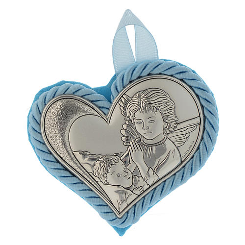 Obrazek nad kołyskę srebrny Serce Anioł Stróż błękitny medalion 1