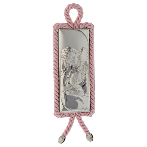 Medalha para berço rectangular prata e tecido Anjinho cor-de-rosa 1