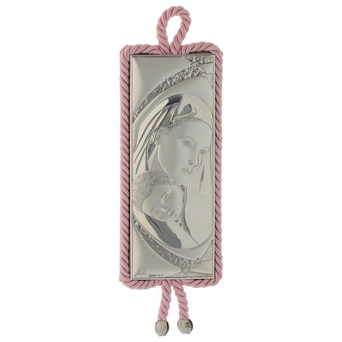 Medalla para cuna Maternidad rectangular Plata y tela rosa Carillón 1