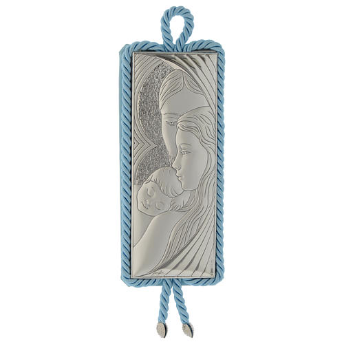 Holy Family medallion in silver and fabric with musical box light blue 1