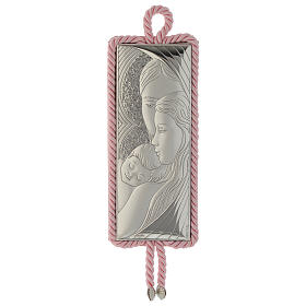 Medalhão Sagrada Família rectangular prata e tecido cor-de-rosa caixa de música