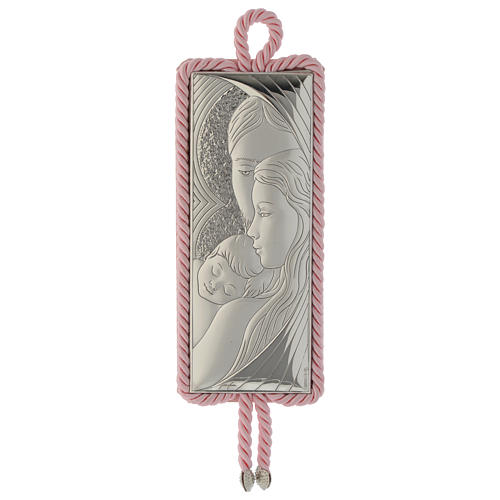 Medalhão Sagrada Família rectangular prata e tecido cor-de-rosa caixa de música 1