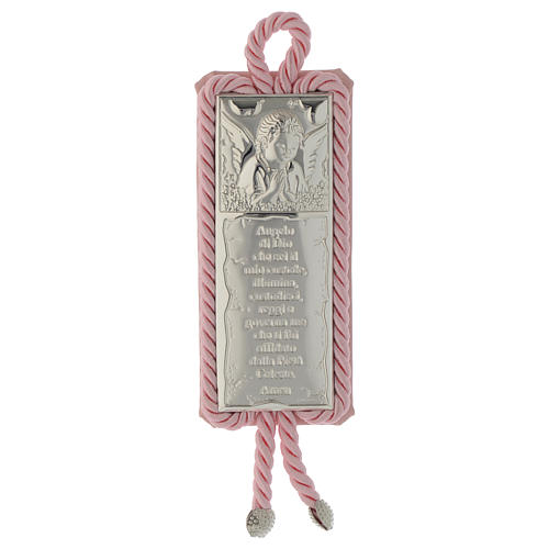Medallón para cuna rectangular Placa oración y Ángel con carillón, rosa 1