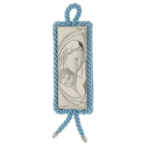 Our Lady with Baby Jesus silver medallion rectangular shape in pale blue with musical box 1