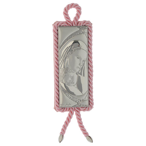 Médaillon argent pour lit rectangulaire Vierge à l'Enfant carillon rose 1