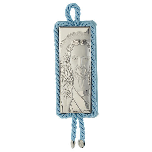 Medalhão para berço azul Santa Face em prata com caixa de música 1
