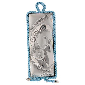 Medallas y decoraciones para cunas: Medalla para cuna con imagen de la Maternidad y carillón, celeste