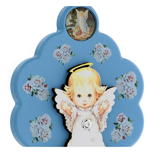 Schutzengel-Medaillon für Kinderbett, blau, Blütenform, mit Schleife 2