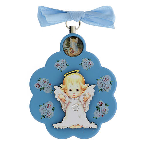 Medalha de berço flor anjo madeira azul 1