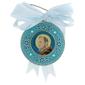 Turquoise crib medal St Pio Pietrelcina for boys
