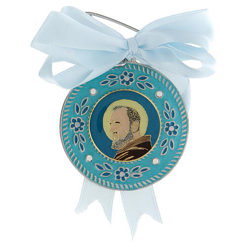 Turquoise crib medal St Pio Pietrelcina for boys 1