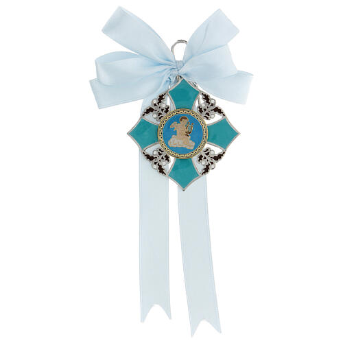 Light blue medal for boy's cradle, enamelled angel 1